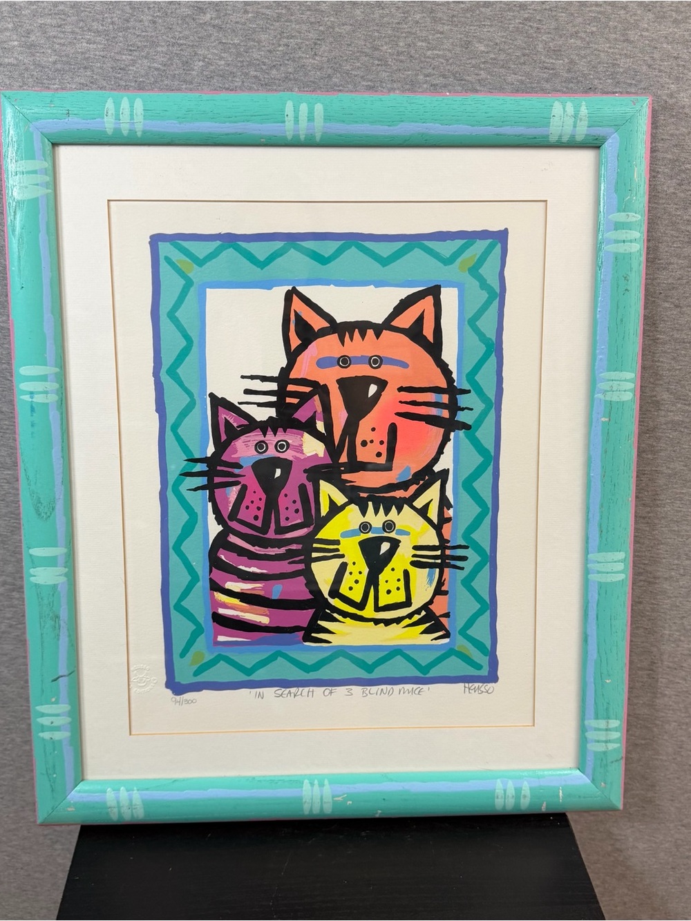 HEUSSO Signed Serigraph In Search of 3 Blind Mice Framed Cat Pop Art Whimsical